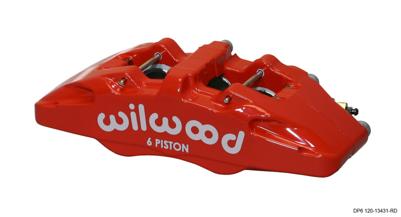 Bright red Wilwood Dynapro 6A brake caliper featuring six pistons, designed for lug mounting, with a sleek, durable finish and prominent "wilwood" branding.