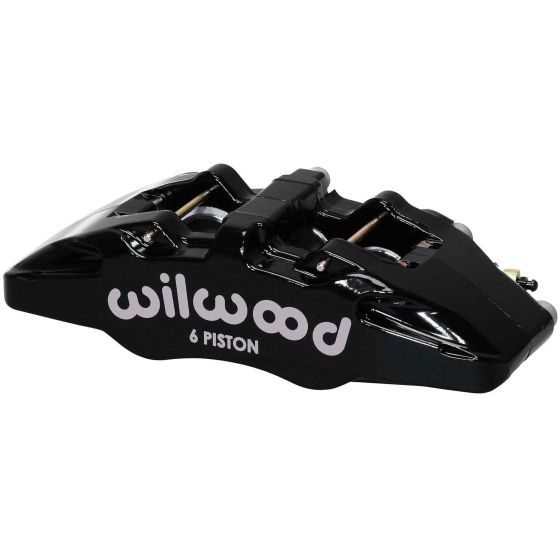Black forged aluminum caliper with six pistons, featuring the "Wilwood" logo in white, designed for lug mount applications.