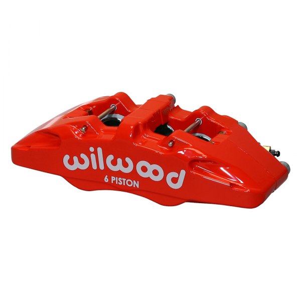 Red forged aluminum caliper with "wilwood" logo, featuring a six-piston design, designed for 1.62-1.12 in. pistons, with a 5.25 in. mount for disc brakes.