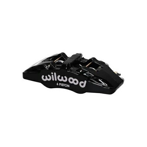Black forged aluminum caliper with "Wilwood" branding and six pistons, designed for lug mount applications, featuring a sleek, aerodynamic shape.