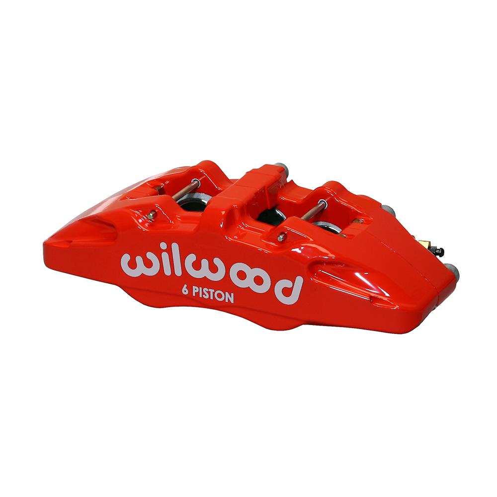 Bright red Wilwood Dynapro 6A brake caliper with a sleek design, featuring six pistons of varying diameters, suitable for 1.1-inch thick discs, and designed for left-hand mounting.