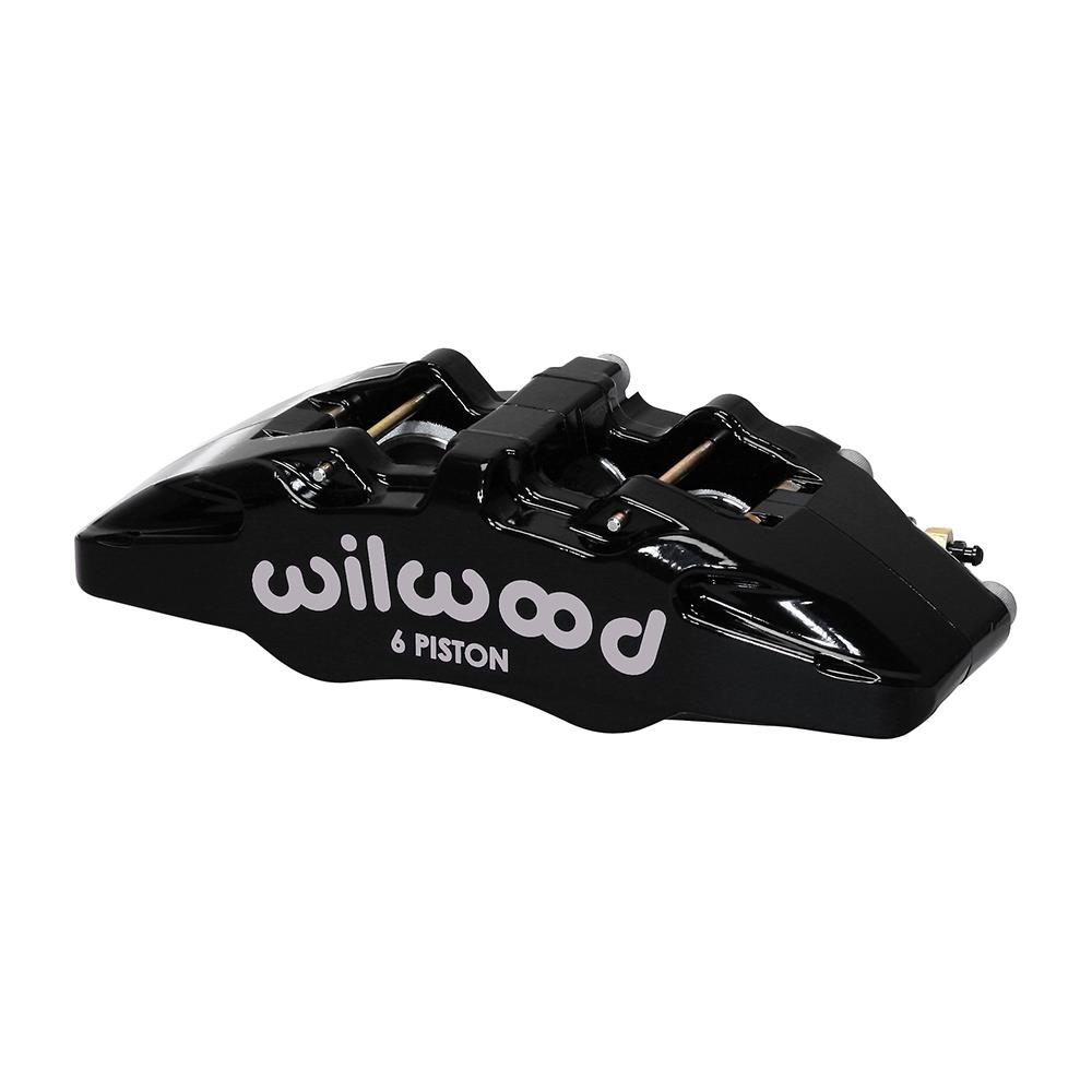 Black Wilwood 120-13433-BK Dynapro 6A lug mount caliper with six pistons, showcasing a sleek design and prominent white "wilwood" logo on the side.