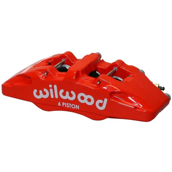 Red Wilwood Dynapro 6A brake caliper with six pistons, designed for 1.1-inch thick discs, featuring a sleek design and prominent white "wilwood" logo.