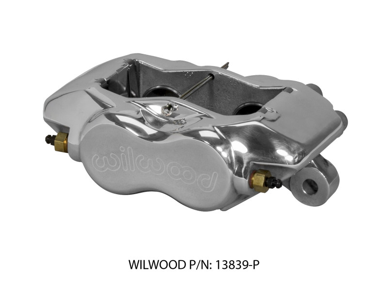 Polished aluminum Wilwood 120-13839-P Forged Dynalite internal caliper featuring a sleek design, two piston openings, and engraved branding on the body.