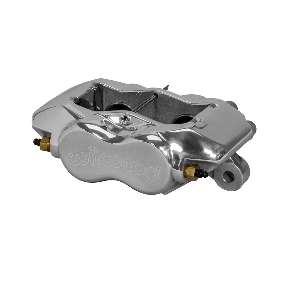 Shiny chrome caliper with a sleek design, featuring the Wilwood logo, two piston openings, and brass fittings for brake line attachment.
