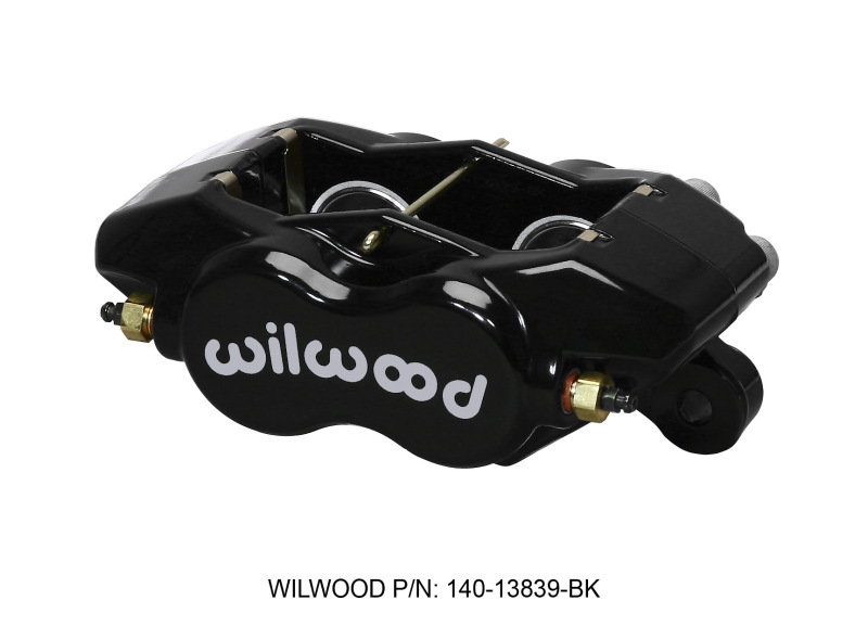 Black forged aluminum caliper with "Wilwood" logo, featuring internal design, dual pistons, and brass fittings, suitable for performance braking systems.