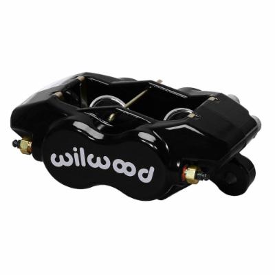 Black forged aluminum caliper with "wilwood" logo, featuring internal design, dual piston configuration, and multiple mounting points for enhanced braking performance.