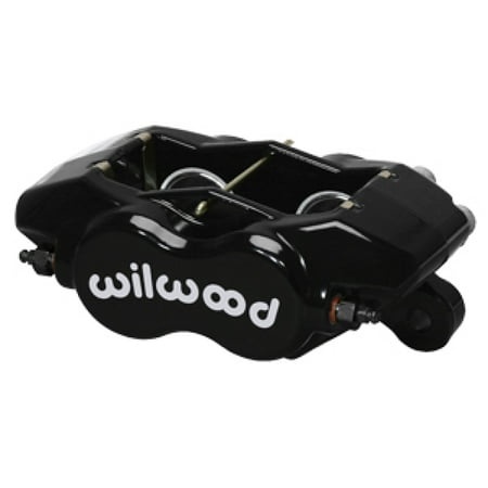 Black aluminum brake caliper with "wilwood" logo in white, featuring a forged design and internal components for enhanced performance.