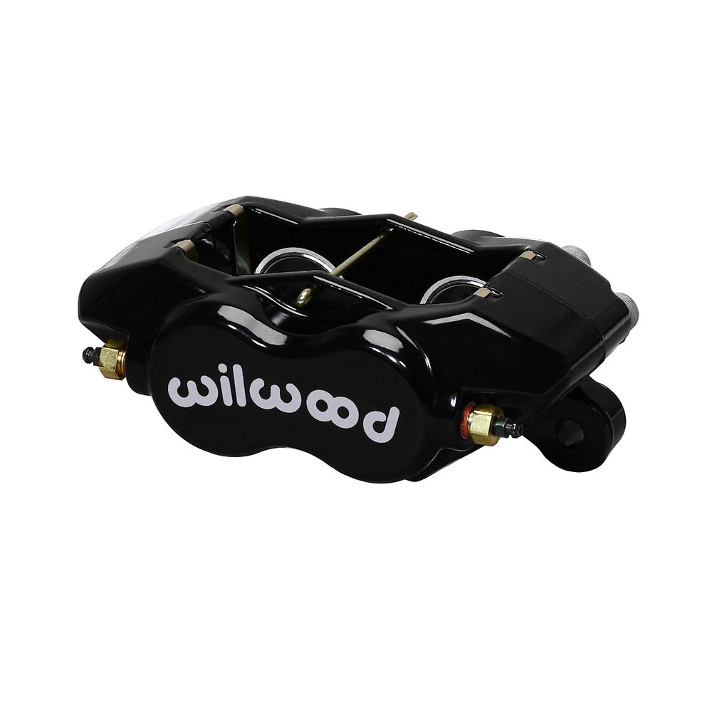 Black forged aluminum caliper with "wilwood" logo, featuring a compact design and internal mechanism for efficient braking performance.