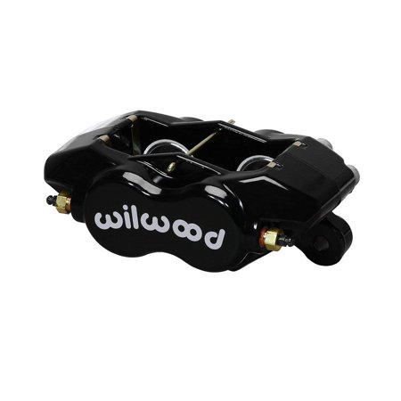 Black forged aluminum caliper with "wilwood" logo, featuring a compact design, internal components visible, and dual piston setup for enhanced braking performance.
