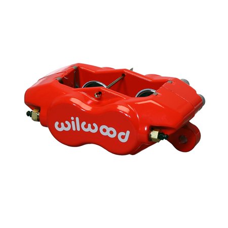 Bright red forged aluminum caliper with "Wilwood" logo in white, featuring internal design and two mounting points, designed for high-performance braking applications.