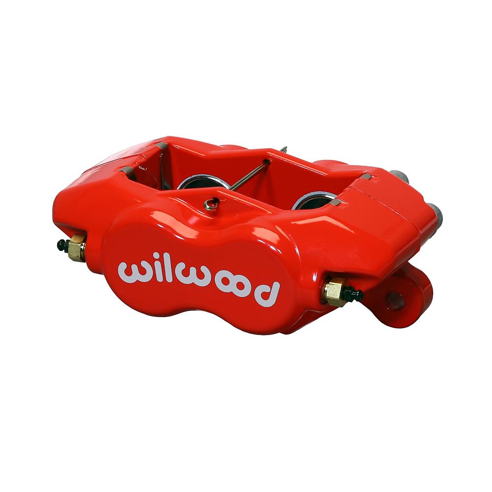 Red forged aluminum caliper with "Wilwood" logo in white, featuring dual pistons and a compact design for high-performance braking applications.