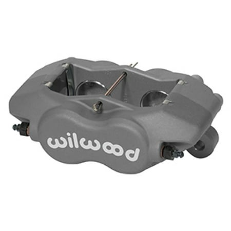 Gray forged aluminum caliper with the "Wilwood" logo in white, featuring two large piston openings and mounting points for brake installation.
