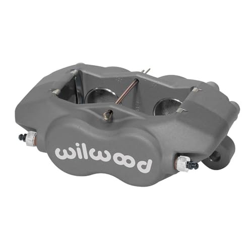 Gray aluminum brake caliper with "wilwood" logo, featuring dual pistons and threaded fittings for brake line attachment.