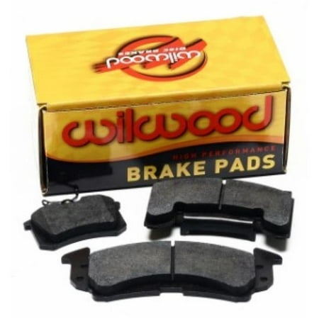 Wilwood high-performance brake pads in a yellow and red box, featuring four pads with a black backing and gray friction material, designed for caliper model 120-16744.