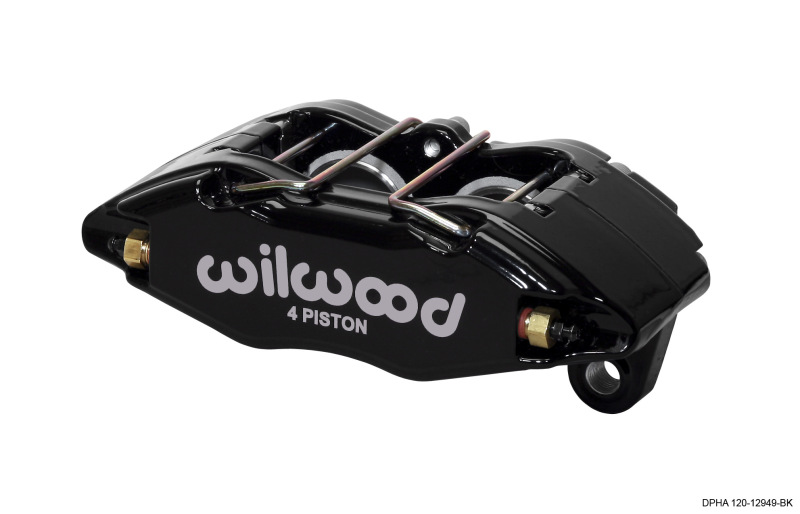 Black powder-coated Wilwood brake caliper featuring 1.62-inch size, 4 pistons, and designed for Honda and Acura vehicles, with visible hydraulic fittings and sleek design.