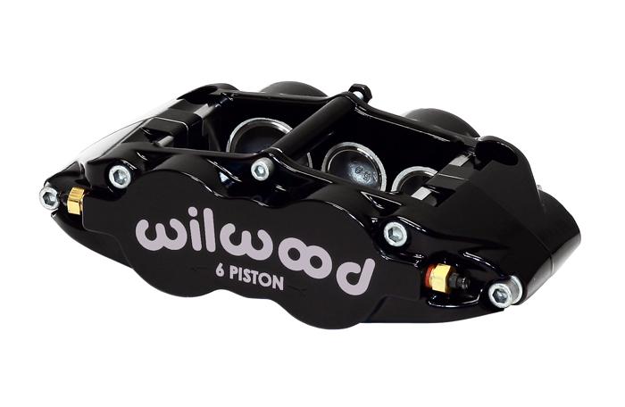 Black forged aluminum brake caliper with a sleek design, featuring six pistons and the "Wilwood" logo in silver, suitable for radial mounting.