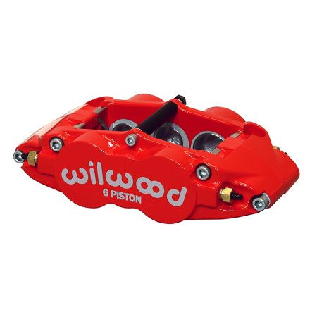 Red forged aluminum brake caliper with six pistons, featuring the "Wilwood" logo prominently displayed, designed for radial mount applications.