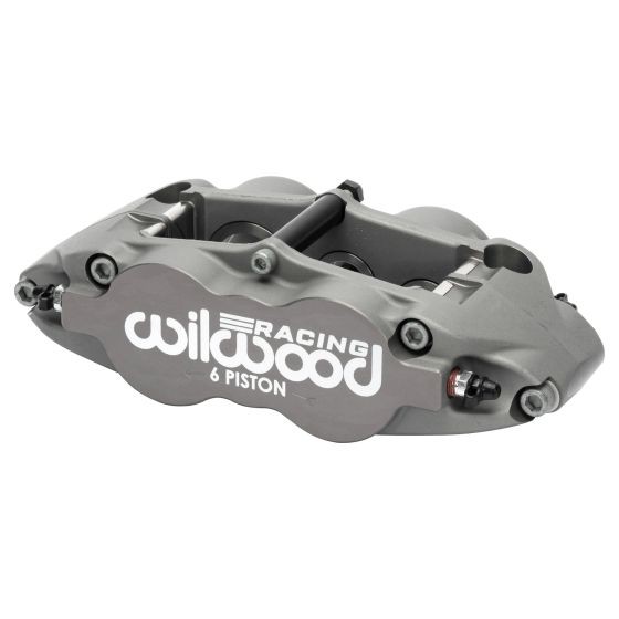 Wilwood 120-17508 Forged Narrow Superlite 6 Radial Mount brake caliper in a sleek gray finish, featuring a prominent white "Wilwood Racing" logo and six pistons for high-performance braking.