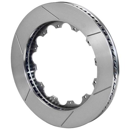 Wilwood 160-8403 GT 72 Curved Vane Rotor features a silver iron finish, curved vanes, and a slotted design for enhanced cooling and performance in braking systems.