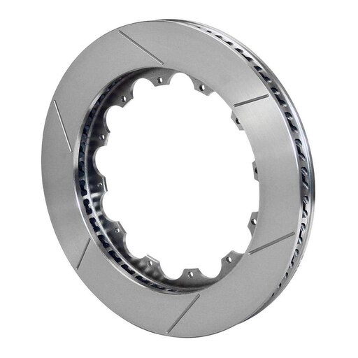 Wilwood 160-8402 GT 72 Curved Vane Rotor features a silver iron construction with curved vanes, a smooth surface, and distinctive cutouts along the edge for enhanced performance.