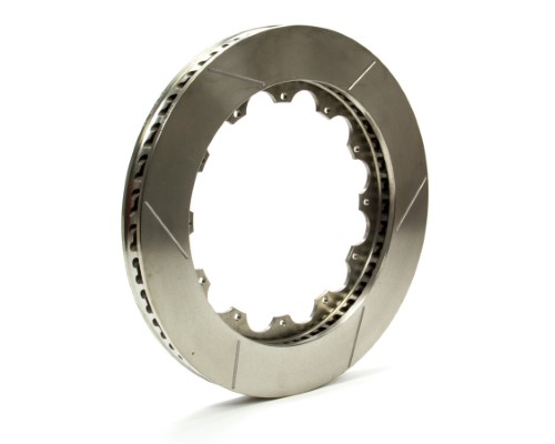 Silver curved rotor with a 14-inch diameter and 1.25-inch thickness, featuring ventilation slots and a left-hand design, ideal for high-performance braking systems.