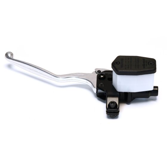 Wilwood 260-11219 handlebar master cylinder features a long aluminum lever, a black plastic reservoir, and a sleek design for optimal performance in motorcycle braking systems.