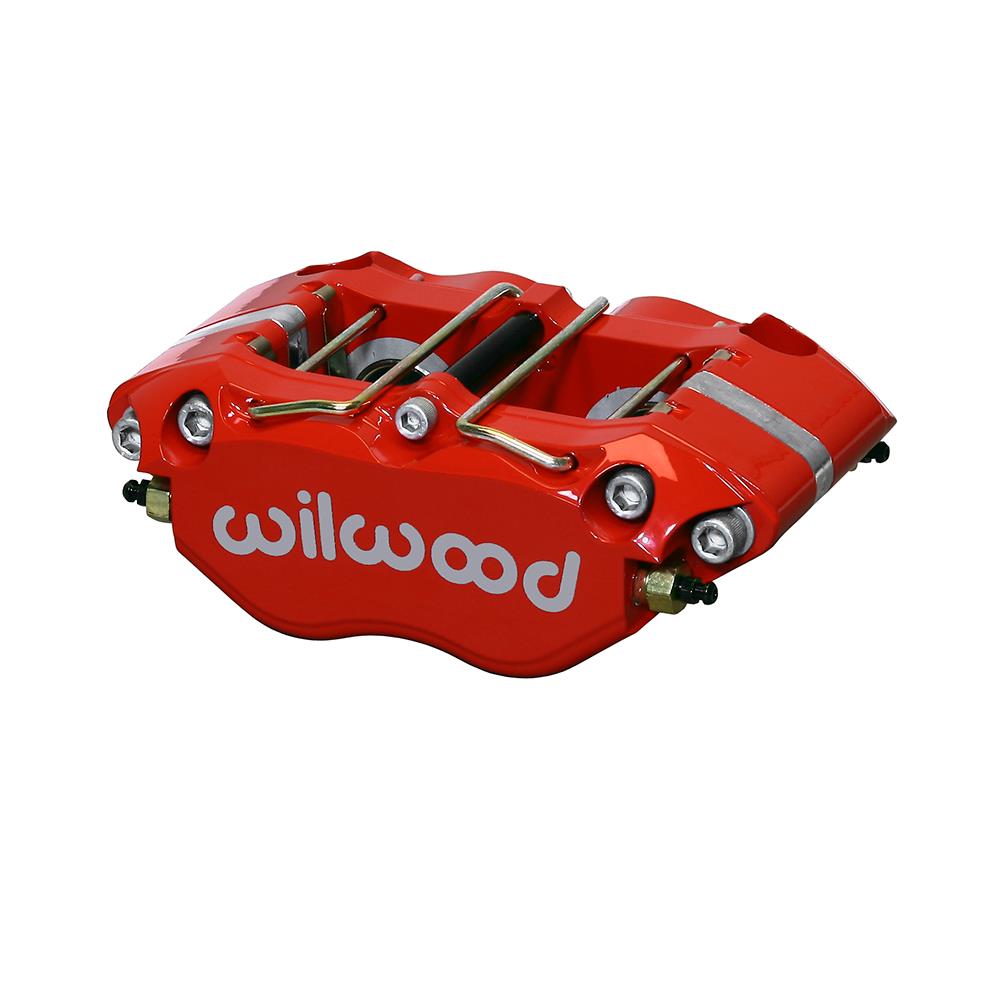 Red Wilwood 120-14091-RD Narrow Dynapro Radial Mount brake caliper featuring a sleek design, metallic hardware, and the "Wilwood" logo prominently displayed in white.