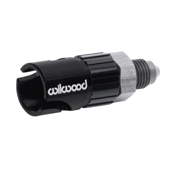 Black and silver Wilwood 260-16770 Quick Disconnect Brake Fitting featuring a no-bleed design, with a hexagonal body and a smooth, rounded connector end.