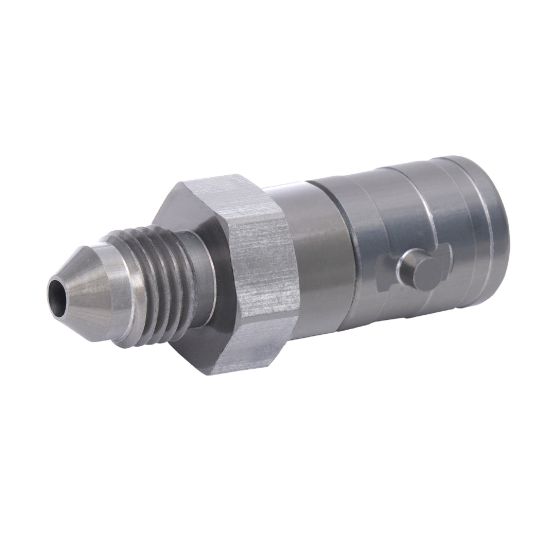 Wilwood 260-16769 Quick Disconnect Brake Fitting in silver metal, featuring a male connector, hexagonal body, and a no-bleed design for easy brake line disconnection.