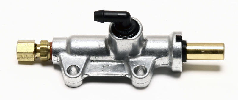 Wilwood 260-5516 replacement kart master cylinder assembly in silver metal with a black rubber seal, featuring a brass fitting and a plastic connector.