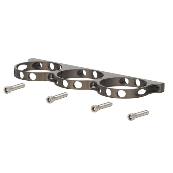Triple aluminum reservoir bracket in anodized finish, featuring three circular cutouts and accompanied by four mounting screws.