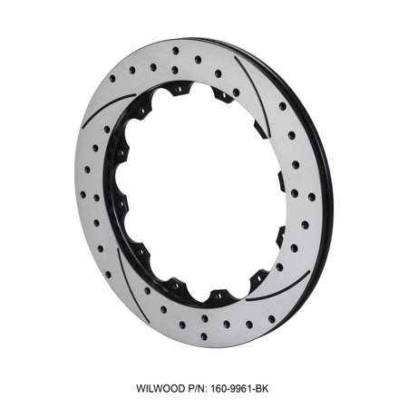 Wilwood 160-9961-BK SRP drilled right-hand iron rotor, featuring a silver surface with black accents, measuring 12.88 inches in diameter and 0.810 inches thick, with multiple drilled holes.