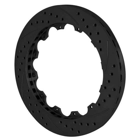Black SRP drilled performance rotor, 12.88 inches in diameter, featuring a smooth surface with ventilation holes and a sleek design for enhanced braking performance.