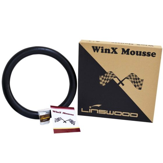Black rubber mousse tire with a smooth surface, accompanied by a branded box featuring checkered flags and the WinX logo, plus a small packet.