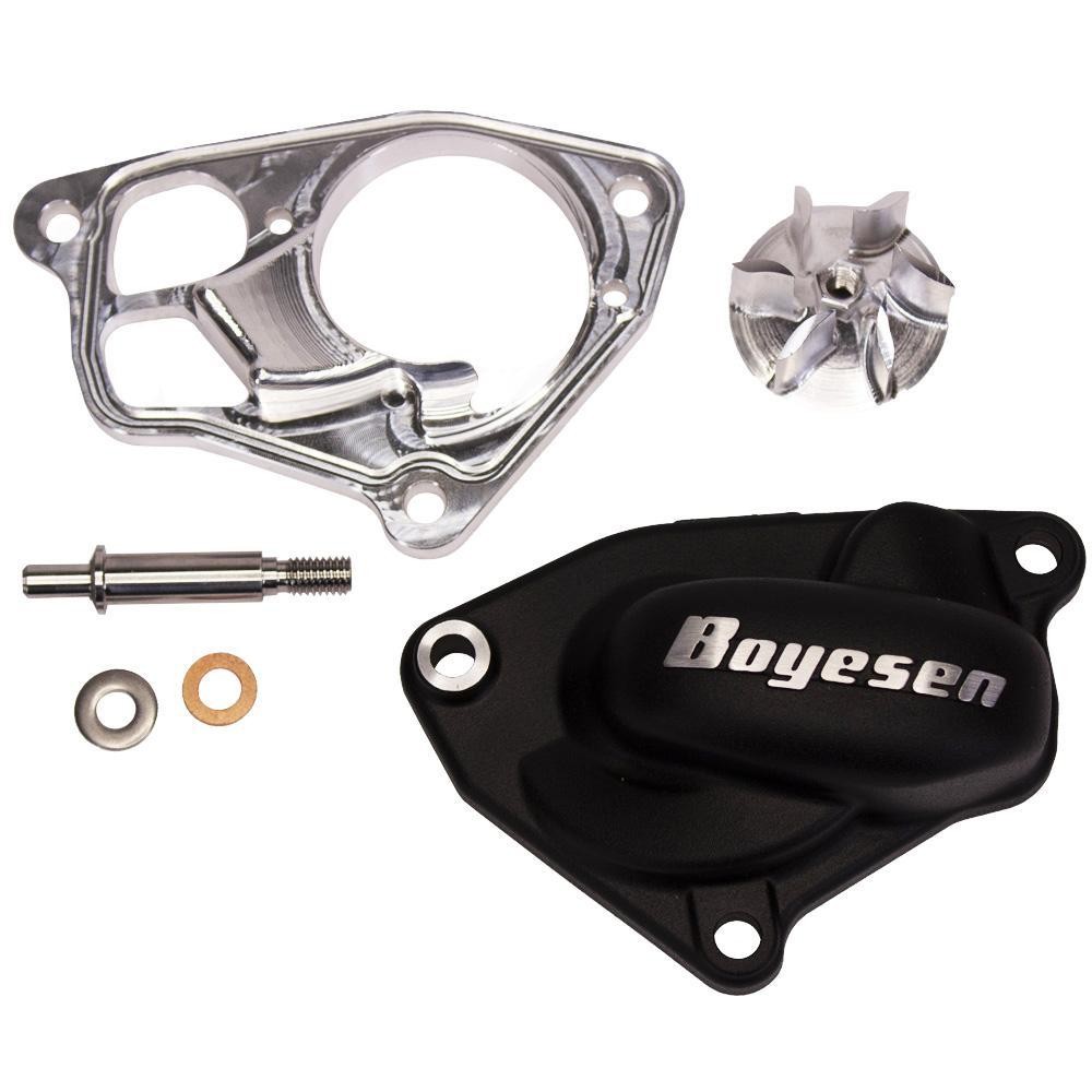 Boyesen Supercooler Water Pump Kit for Yamaha YZF450, featuring a black housing, silver aluminum components, and a chrome impeller, designed for enhanced cooling performance.