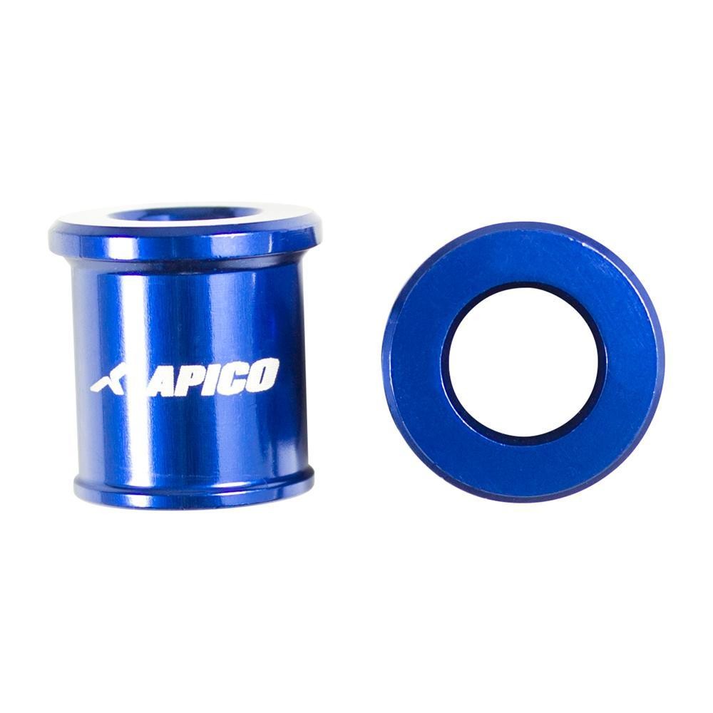 Blue anodized aluminum front wheel spacers by Apico, featuring a cylindrical design with a logo, compatible with Yamaha YZ65, YZ80, and YZ85 models from specified years.