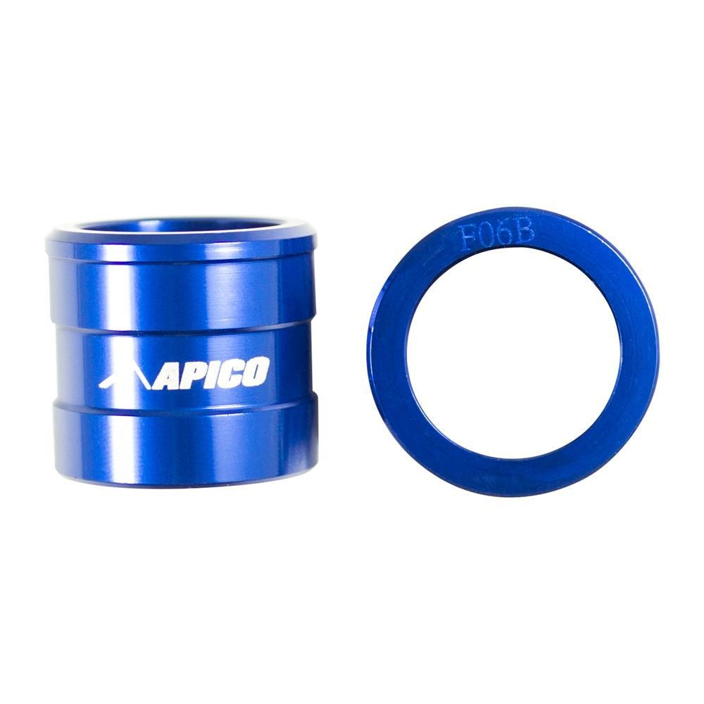 Blue aluminum front wheel spacers by Apico, featuring a cylindrical spacer with engraved logo and a matching ring, designed for Yamaha YZ 125/250 and YZF models from 2002-2007.