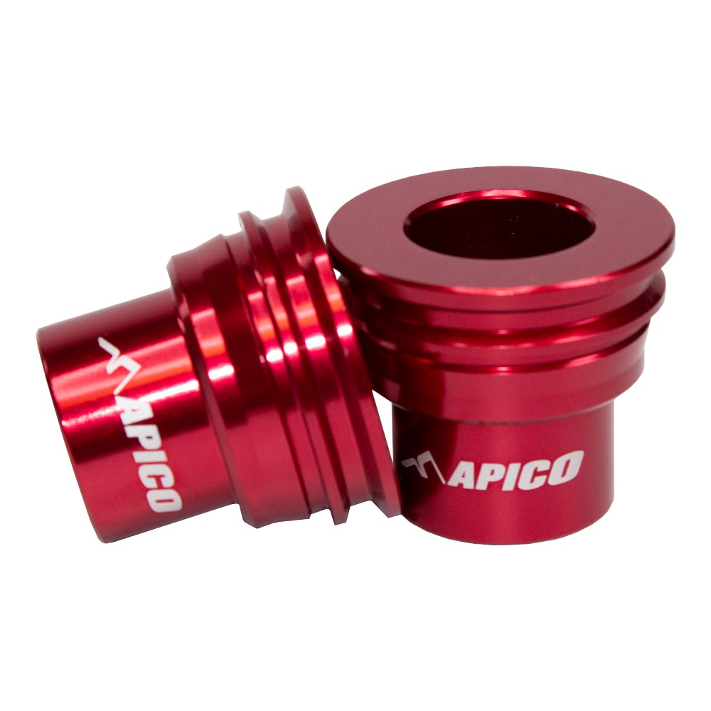 Red aluminum rear wheel spacers by Apico, designed for Gas Gas MC85 (2021-2023) and EC/EX/EC-F 250/350 (2021-2023), featuring a sleek, machined finish and engraved logo.