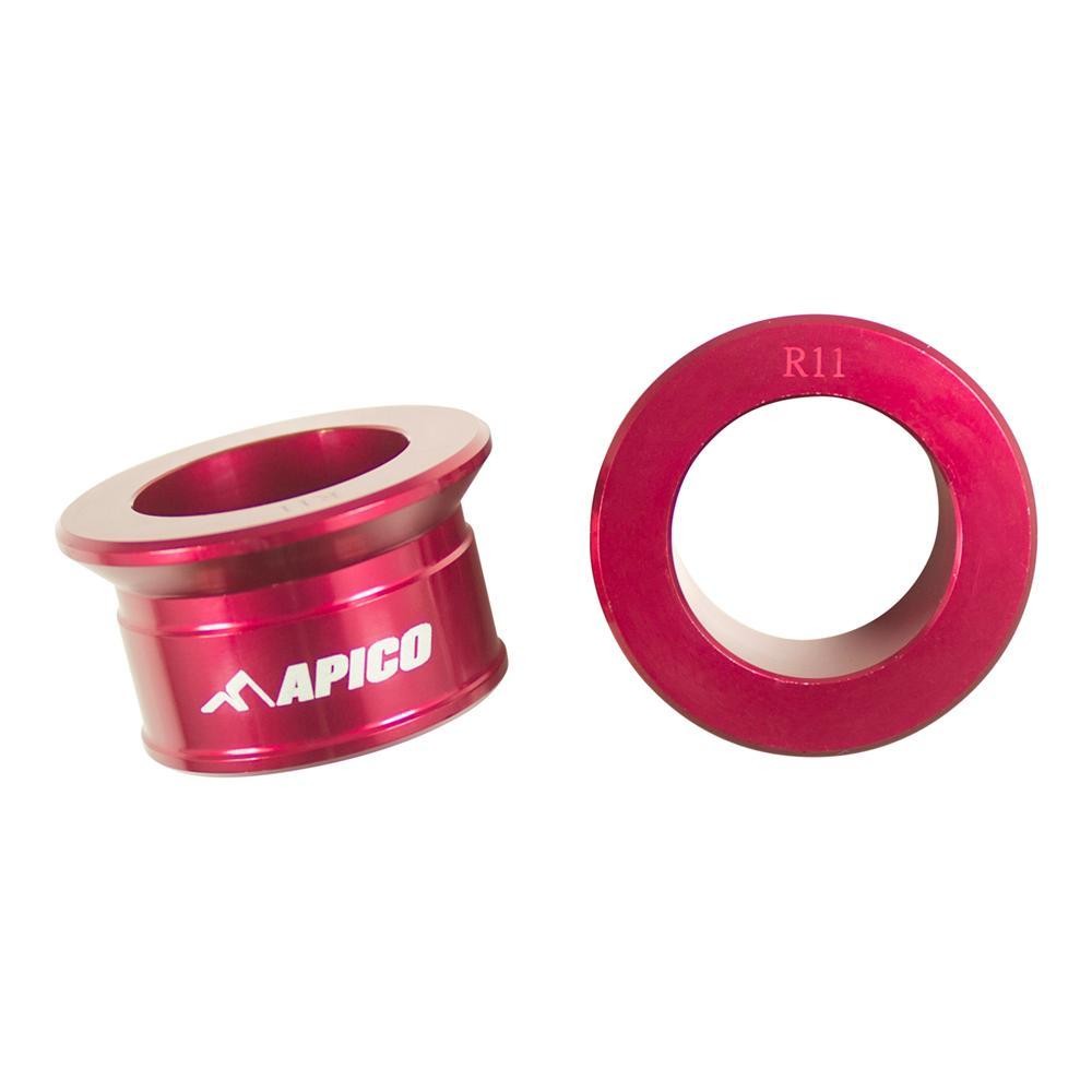 Red anodized aluminum rear wheel spacers with "APICO" logo, designed for Honda CR 125/250 (2002-2007) and CRF 250/450R (2002-2023).