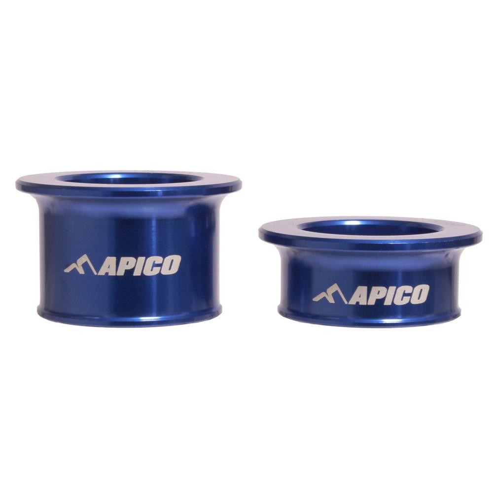 Blue aluminum rear wheel spacers by Apico, featuring a smooth finish and engraved logo, designed for Sherco SE-R and SE-F models from 2013 to 2023.