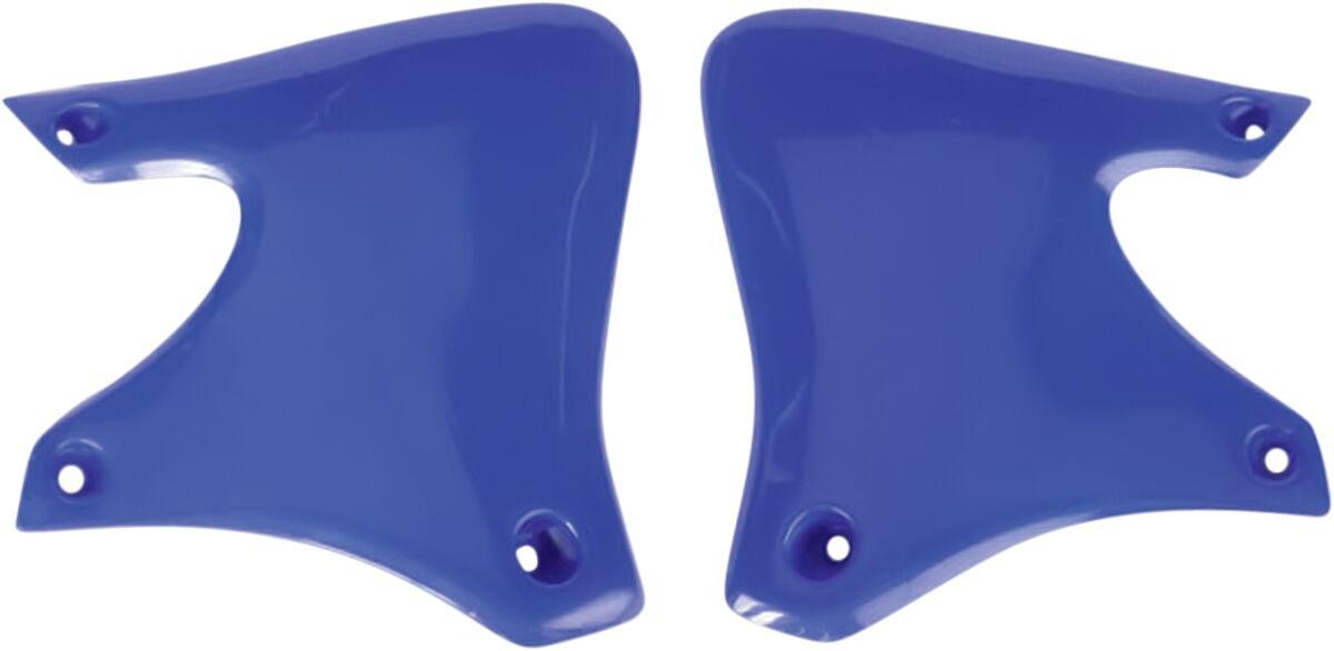 Reflex blue UFO radiator scoops designed for Yamaha WR400F models from 1998-1999, featuring a smooth plastic finish and multiple mounting holes.