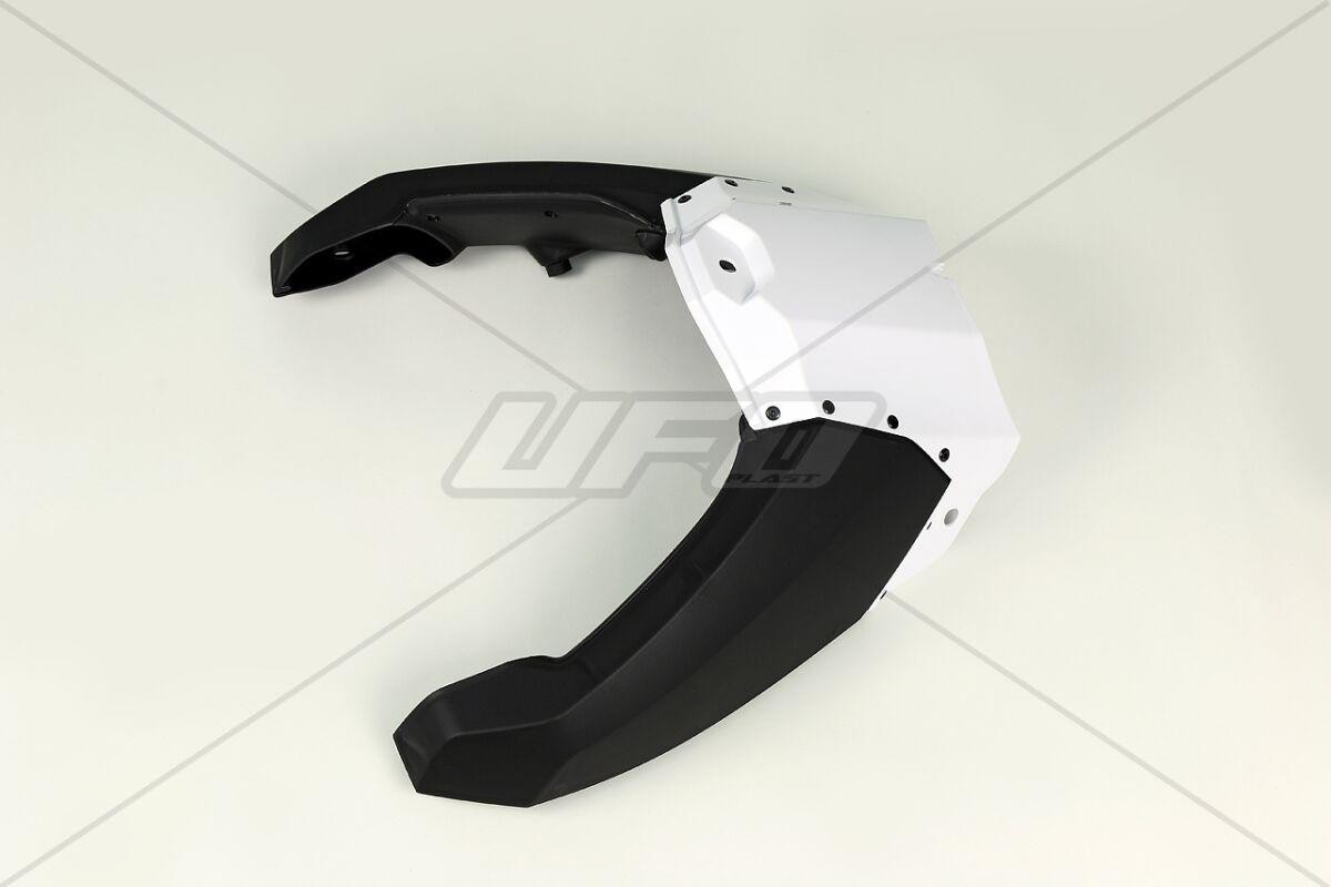 White and black UFO radiator scoops designed for Yamaha WRF250 (2015-2019), featuring a sleek, aerodynamic shape with a glossy finish and durable plastic material.