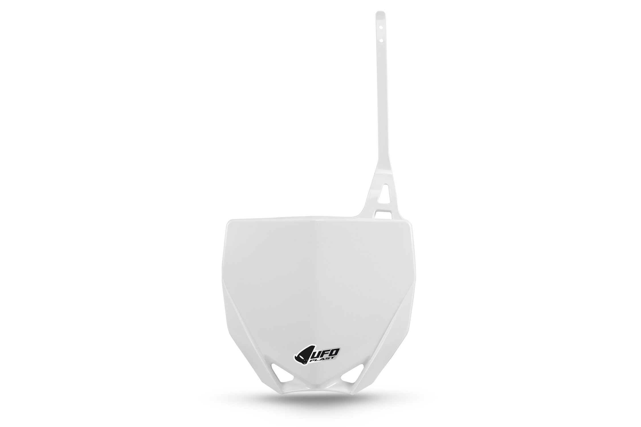 White front number board designed for Yamaha YZ65 (2019-2025) by UFO, featuring a sleek design and a prominent logo for enhanced visibility and style.