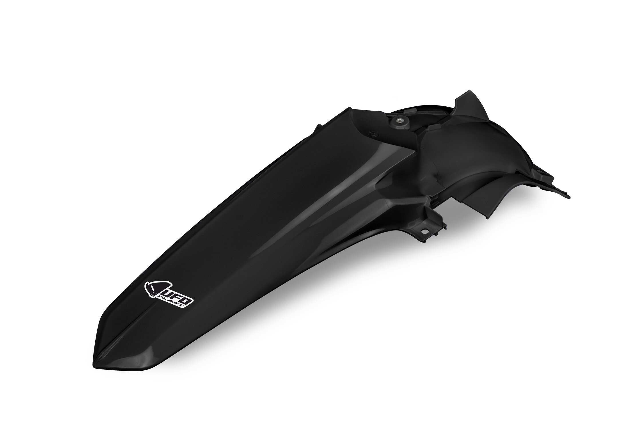 Black rear fender for Yamaha YZ125 (2022-2025) by UFO, featuring a sleek design with a glossy finish and the UFO logo prominently displayed.