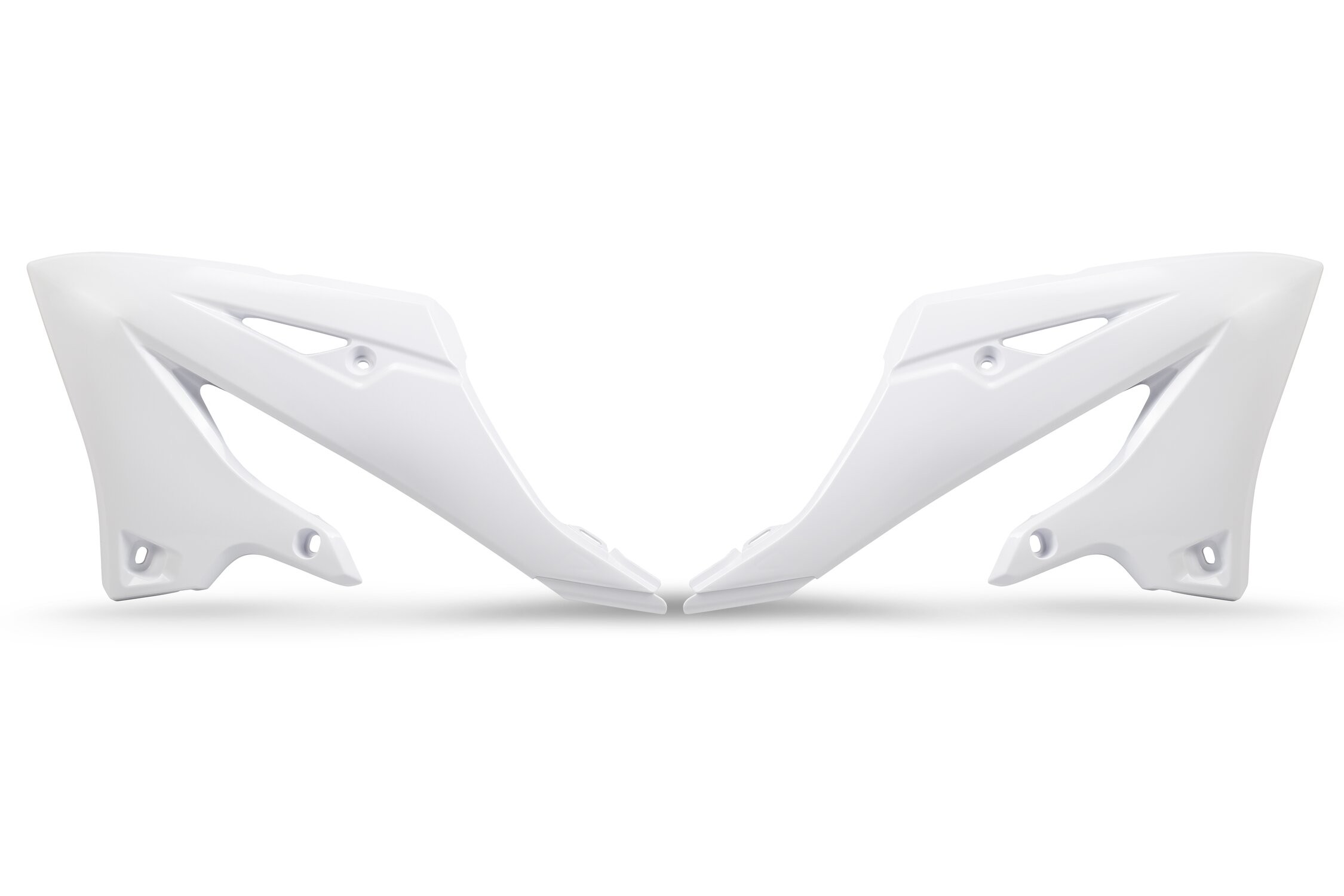 White UFO radiator scoops designed for Yamaha YZ125 (2022-2025), featuring a sleek aerodynamic shape and multiple mounting holes for easy installation.