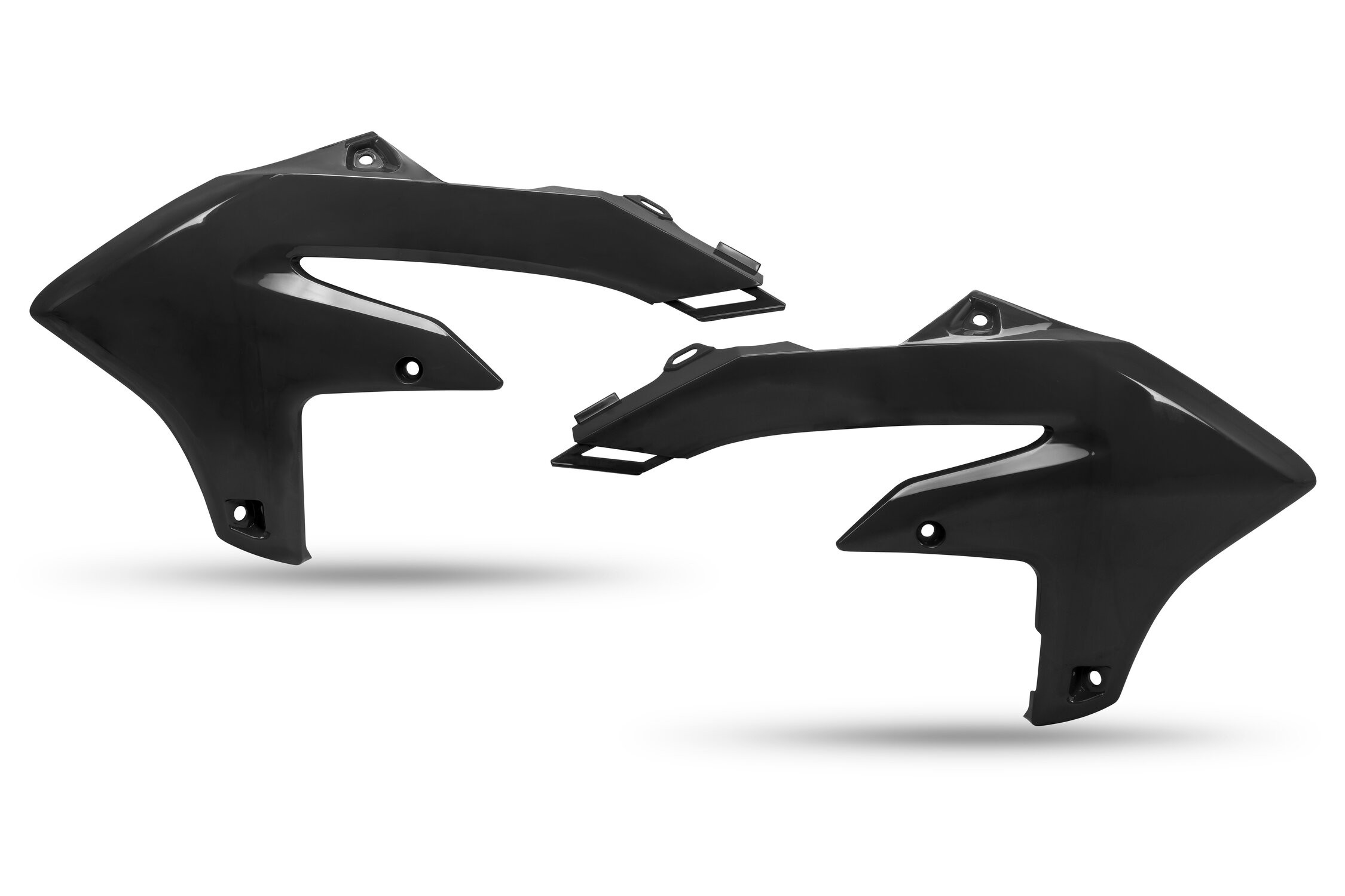Black UFO radiator scoops designed for the 2024 Yamaha YZF250, featuring a sleek, aerodynamic shape with mounting points for easy installation.