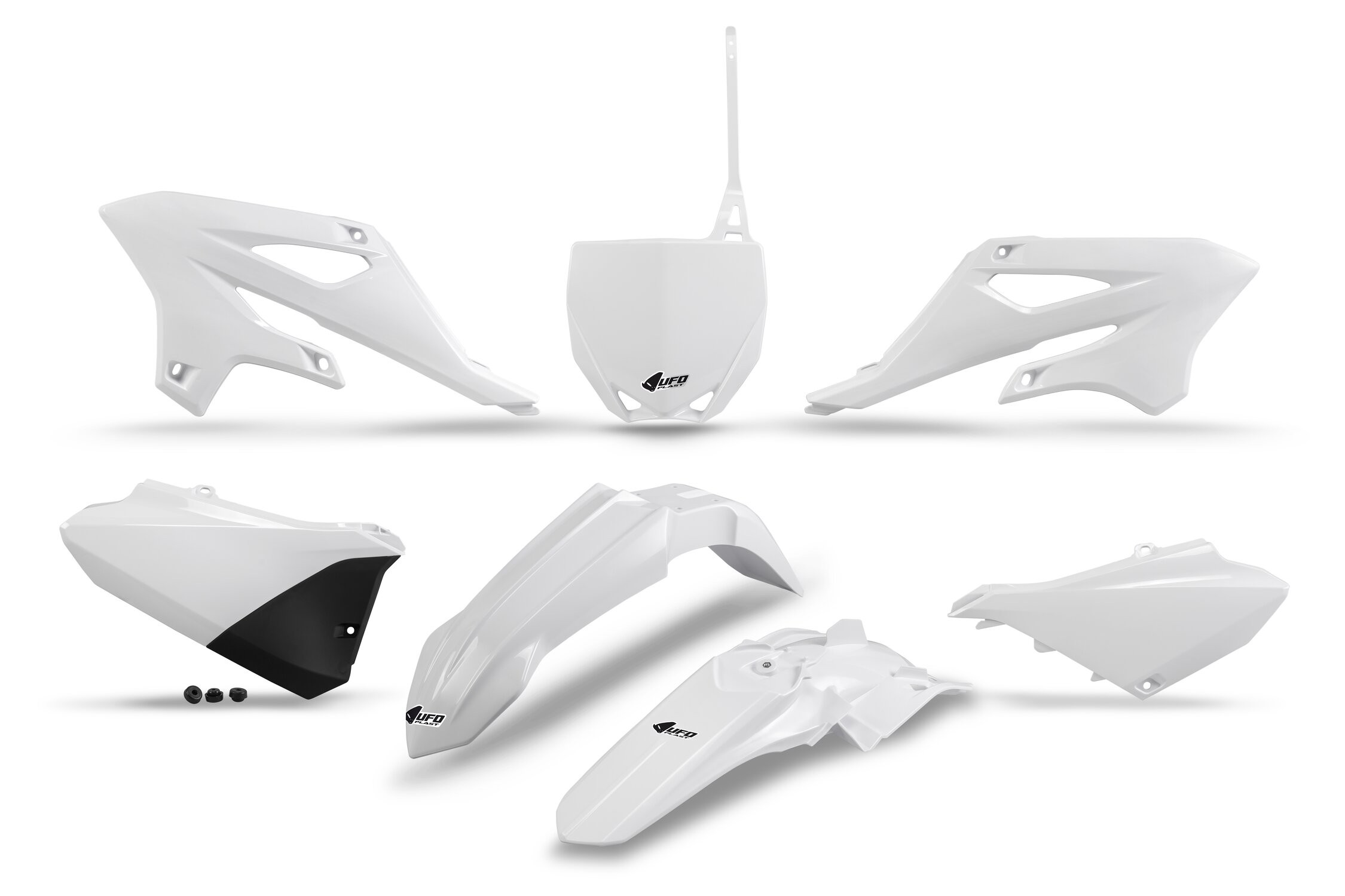 White plastic bodywork kit for Yamaha YZ85 (2022-2025) featuring various panels, including side panels, front fender, and rear mudguard, with sleek design and UFO branding.
