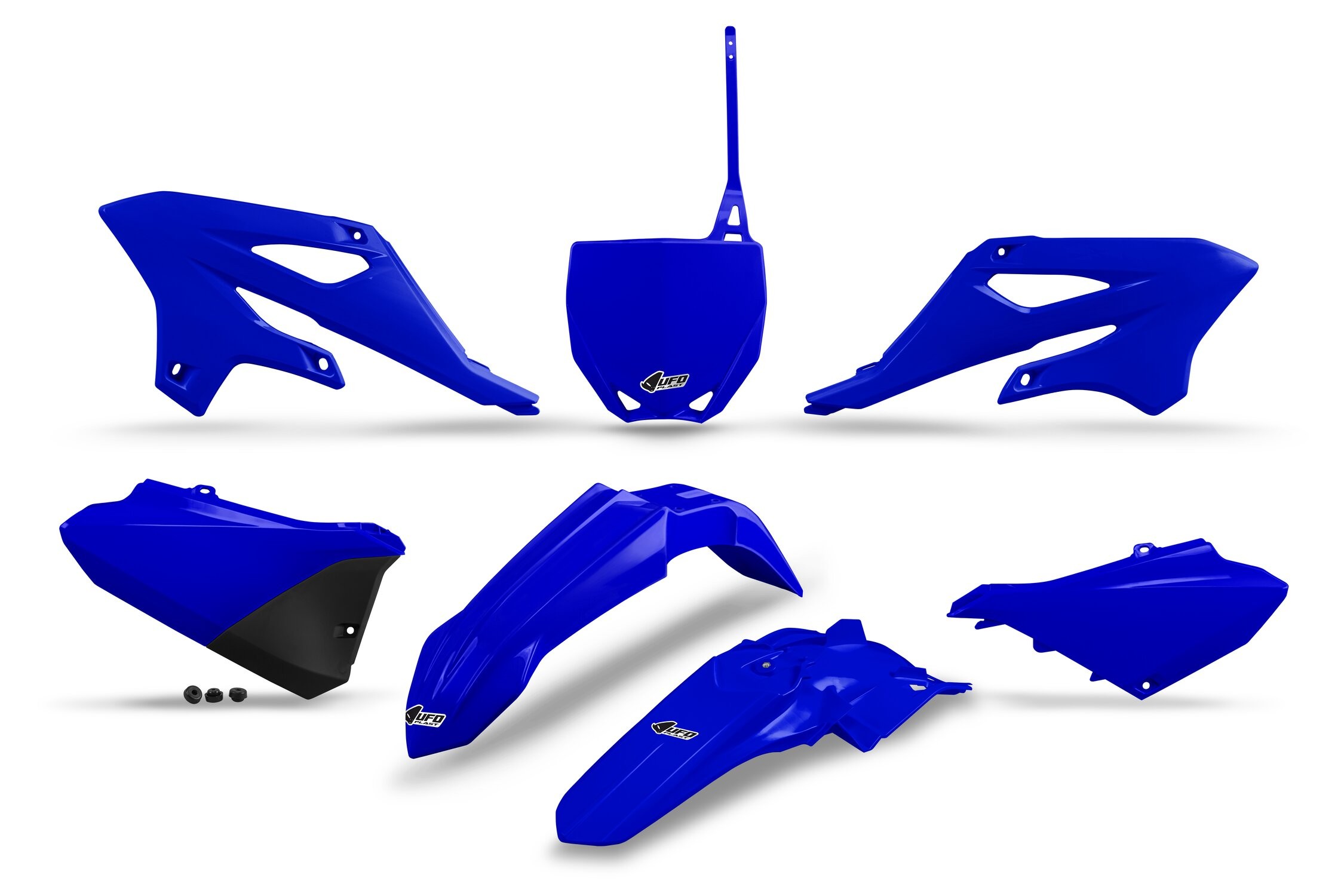 Blue plastic body kit for Yamaha YZ85 (2022-2025) by UFO, featuring multiple panels including side covers, front fender, and rear number plate, designed for durability and style.