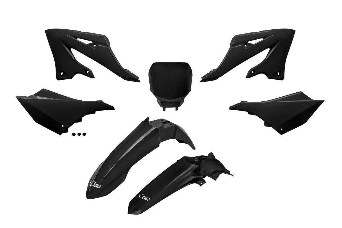 Black UFO plastics kit for Yamaha YZ125 (2022-2026), featuring multiple panels including fenders and side covers, made from durable plastic with a sleek, modern design.